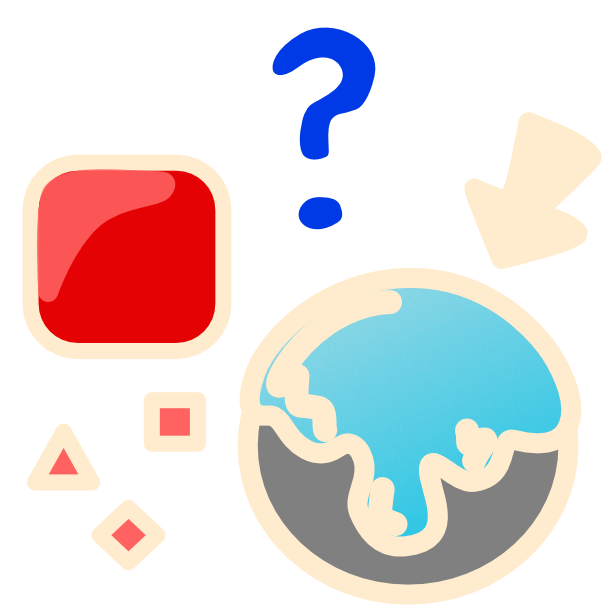 an image with light line art shows a grey circle with a shiny blue substance dripping down it. A black arrow points down at the substance, and to the left is a blue question mark and a red square. Below the red square are 3 shapes sprinkling down from it. 